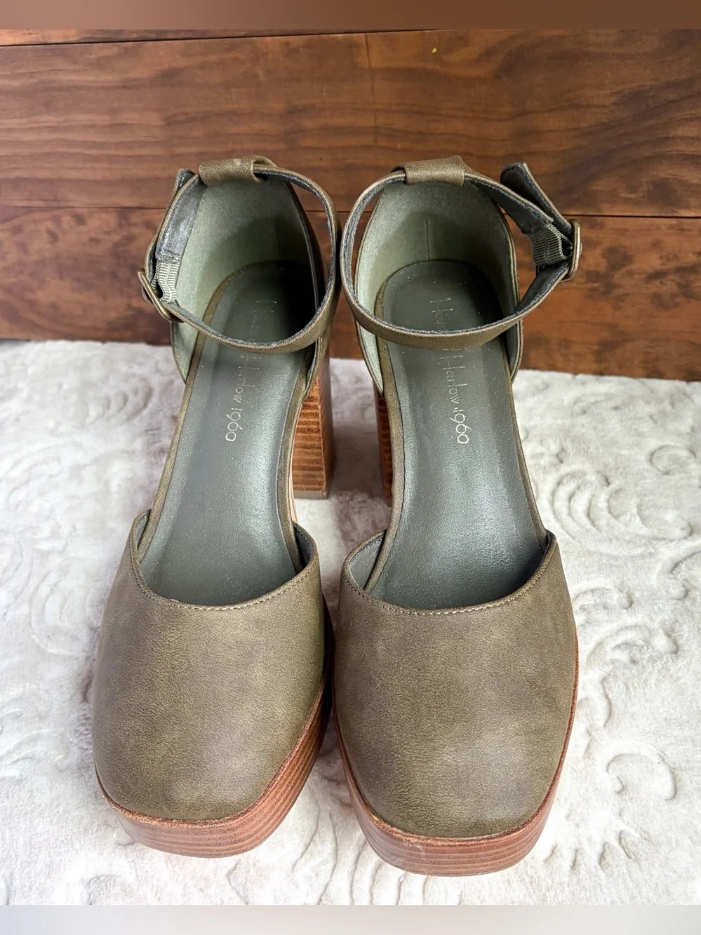 HOUSE OF HARLOW 1960 Sz 8.5M Green Platform Block Heel Earthy Boho Chic - Picture 6 of 16